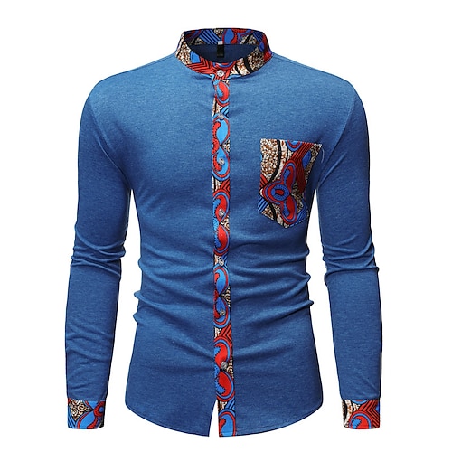 

Men's Shirt Dress Shirt Tribal Stand Collar Blue Navy Blue Print Street Daily Long Sleeve Button-Down Print Clothing Apparel Ethnic Style Casual Comfortable