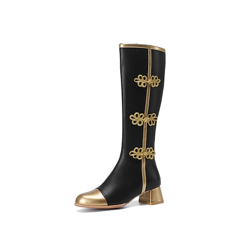 

Women's Boots Knee High Boots Block Heel Round Toe Vintage Daily PU Leather Zipper Fall Winter Color Block White Black
