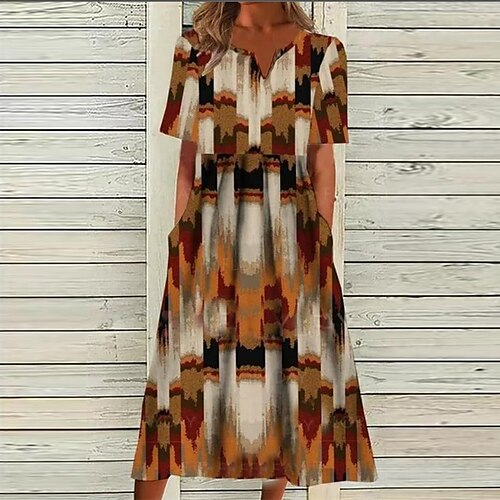 

Women's A Line Dress Midi Dress Orange Short Sleeve Geometric Pocket Print Spring Summer V Neck Casual Vacation 2022 S M L XL XXL 3XL