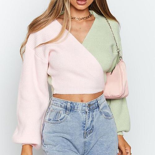 

Women's Pullover Jumper Crochet Knit Knitted Patchwork Color Block V Neck Stylish Casual Daily Holiday Fall Winter Pink S M L / Long Sleeve / Regular Fit / Going out
