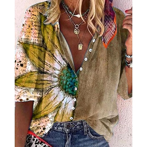 

Women's Blouse Sunflower Casual Weekend Floral Blouse Shirt Long Sleeve Button Print V Neck Streetwear Yellow Khaki S / 3D Print