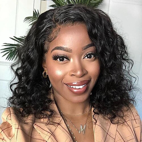 

Bob 13x4x1 Lace Wig Black Curly For Women Transparent Deep Water Wave Human Hair Wigs 100% Natural Hair Short curly lace front Wig