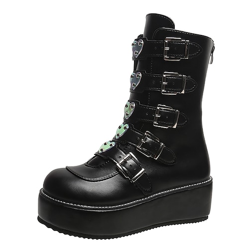 

Women's Boots Daily Goth Boots Mid Calf Boots Winter Buckle Flat Heel Round Toe Punk PU Leather Zipper Solid Colored Black
