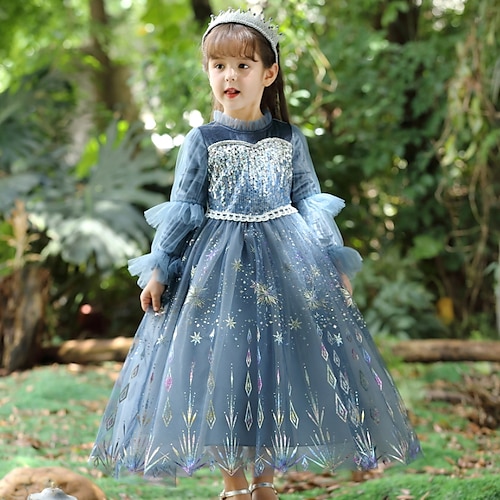 

Kids Girls' Dress Sequin A Line Dress Asymmetrical Dress Performance Cotton Long Sleeve Princess Dress 3-10 Years Winter Dusty Blue