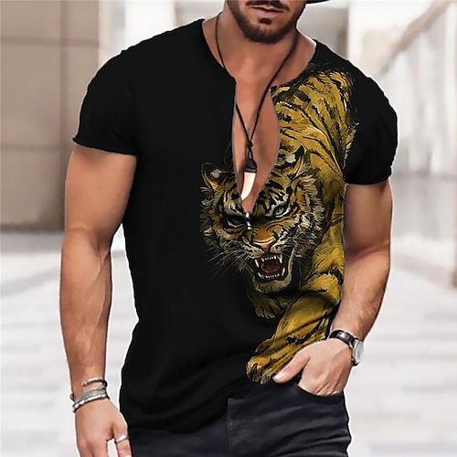 

Herren Unisex T Shirt Tier Tiger Grafik-Drucke Rundhalsausschnitt Schwarz 3D-Druck Outdoor Strasse Kurzarm Zip Bedruckt Bekleidung Sport Designer Casual Klassisch / Sommer / Sommer