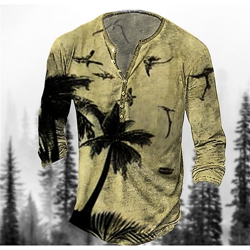 

Men's Henley Shirt Tee T shirt Tee 3D Print Graphic Patterned Coconut Tree Plus Size Henley Daily Sports Button-Down Print Long Sleeve Tops Designer Basic Classic Comfortable Yellow