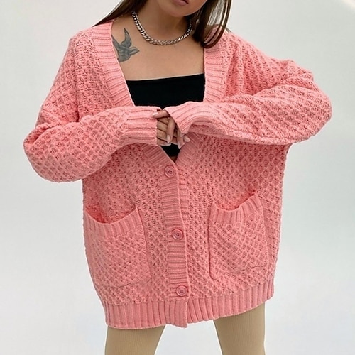 

Women's Cardigan Sweater Jumper Crochet Knit Pocket Knitted Solid Color V Neck Stylish Casual Daily Date Fall Winter Pink Khaki S M L / Long Sleeve
