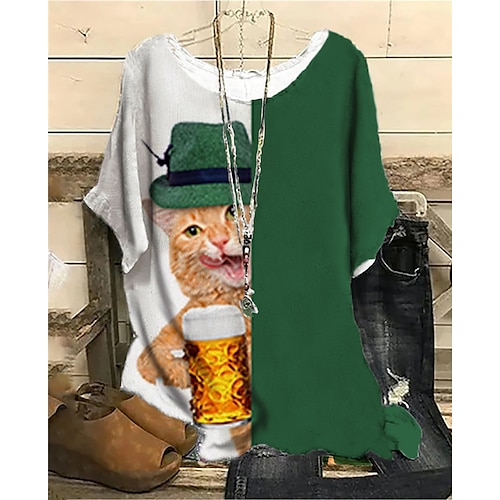

Women's Plus Size Tops Blouse Shirt Cat Beer Print Short Sleeve Crewneck Streetwear Daily Vacation Polyester Spring Summer Green