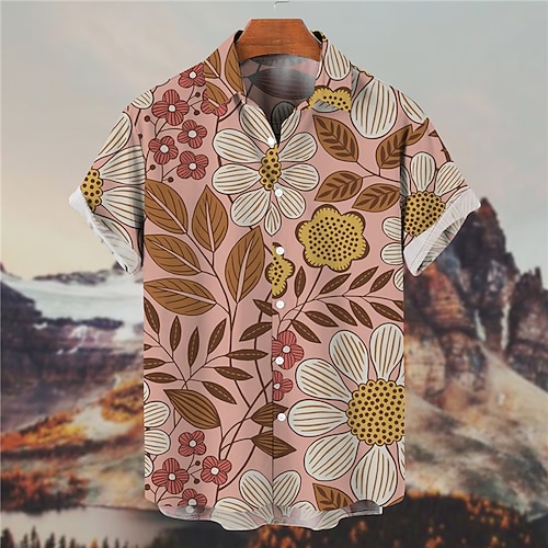 

Men's Shirt Floral Turndown Pink Short Sleeves 3D Print Outdoor Street Button-Down Print Tops Fashion Designer Casual Breathable / Summer / Spring / Summer
