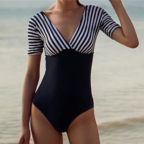 

Women's Swimwear One Piece Monokini Bathing Suits Normal Swimsuit Tummy Control High Waisted Print Polka Dot Striped White Black V Wire Bathing Suits New Sporty Casual / Vacation / Modern