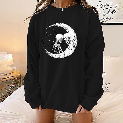 

Women's Sweatshirt Pullover Skull Moon Skeleton Print Halloween Weekend Hot Stamping Active Streetwear Clothing Apparel Hoodies Sweatshirts Loose Fit Black Gray