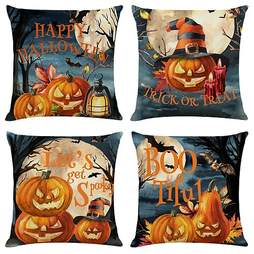 

Halloween Double Side Cushion Cover 4PC Soft Decorative Square Throw Pillow Cover Cushion Case Pillowcase for Bedroom Livingroom Superior Quality Machine Washable Indoor Cushion for Sofa Couch Bed Chair Pumpkin Bat