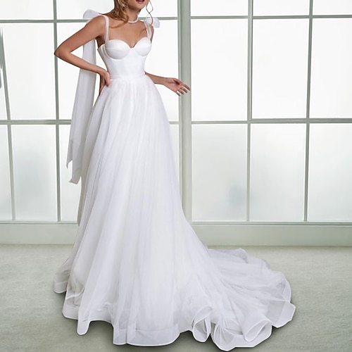 

Princess A-Line Wedding Dresses Sweetheart Neckline Spaghetti Strap Court Train Tulle Sleeveless Simple Boho Sexy Backless with Bow(s) Pleats 2022