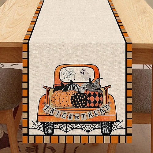 

Halloween Pumpkin Castle Table Runner Decoration Table Runner Cotton Linen Table for Dining Room and Halloween Party