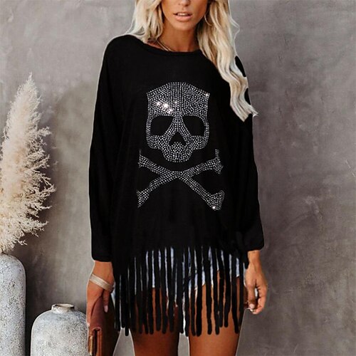 

T shirt Tee Femme Crânes Des sports Fin de semaine T shirt Tee Manches Longues Strass Col Rond Halloween Noir Standard S