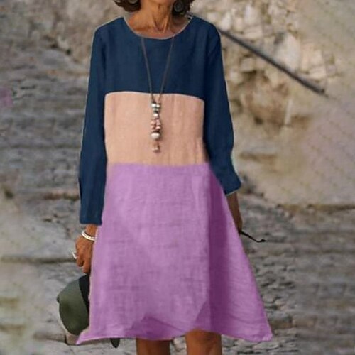 

Women's A Line Dress Knee Length Dress Gray Purple Long Sleeve Color Block Print Fall Winter Crew Neck Stylish Casual 2022 S M L XL XXL 3XL 4XL 5XL