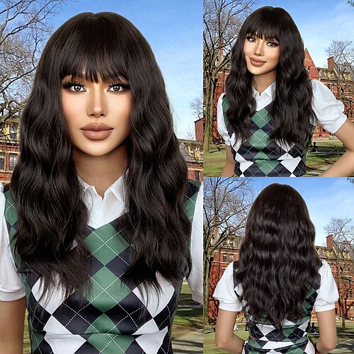 

Synthetic Wig Water Wave With Bangs Wig 20 inch Black / Brown Synthetic Hair Women's Dark Brown