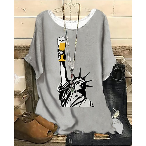 

Women's Plus Size Tops Blouse Shirt Portrait Beer Print Short Sleeve Crewneck Streetwear Daily Vacation Polyester Fall Spring Gray