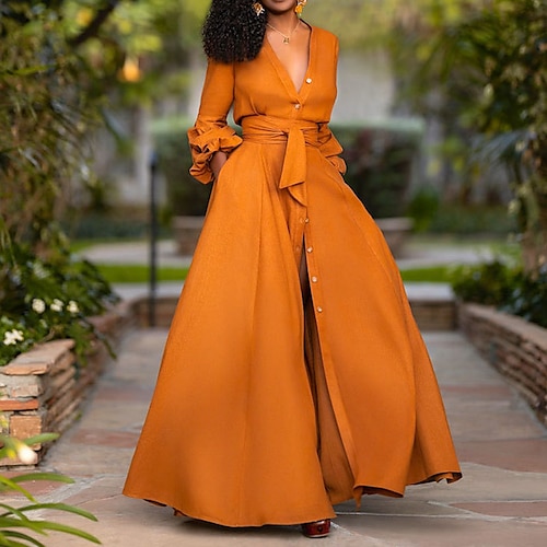 

Women's A Line Dress Maxi long Dress Orange Long Sleeve Pure Color Pocket Button Fall Winter V Neck Stylish Elegant Casual 2022 S M L XL XXL