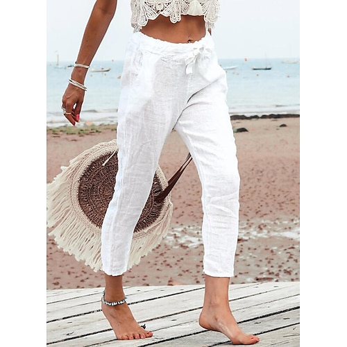 

Women's Chinos Pants Trousers Linen / Cotton Blend White Mid Waist Fashion Casual Weekend Ankle-Length Comfort Plain S M L XL 2XL