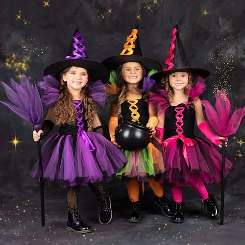 

Halloween Girls' 3D Patchwork Witch costume kids DressSet Clothing Set Short Sleeve Summer Spring Fall Costume Cotton Toddler 2-8 Years Cosplay Costumes Regular Fit