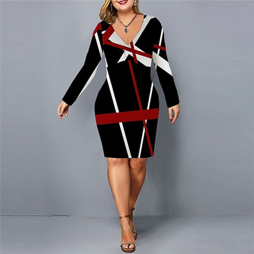 

Women's Plus Size Work Dress Color Block V Neck Print Long Sleeve Fall Spring Stylish Work Short Mini Dress Daily Vacation Dress / 3D Print