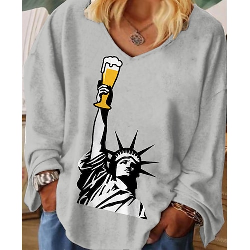 

Women's Plus Size Tops T shirt Tee Portrait Beer Print Long Sleeve V Neck Streetwear Daily Vacation Cotton Spandex Jersey Fall Winter Gray