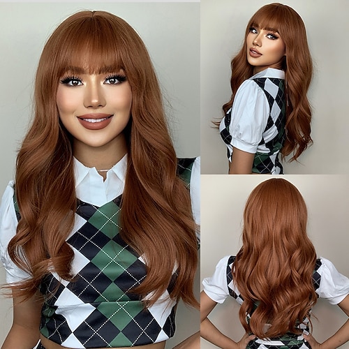 

HAIRCUBE Auburn Long Natural Wavy Wigs With Bangs for Women Daily