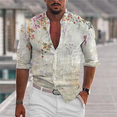 

Men's Shirt Floral Stand Collar Beige Long Sleeve 3D Print Outdoor Casual Button-Down Print Tops Fashion Designer Casual Comfortable / Sports