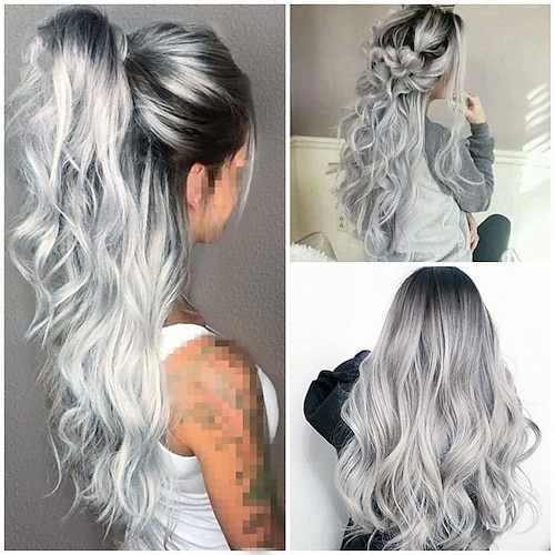 

Wigs 26 Long Wavy Ombre Grey Wig - Long Wavy Wig Synthetic Heat Resistant wigs - Long Fluffy Curly Wavy Wigs for Daily Party Cosplay Halloween Costume ChristmasPartyWigs