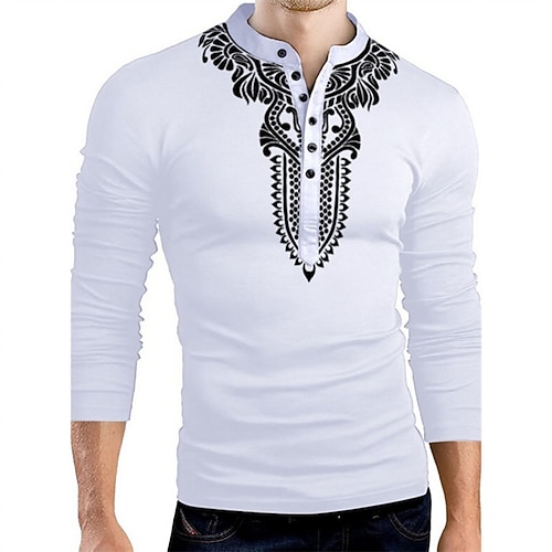

Men's T shirt Tee Hot Stamping Graphic Tribal Standing Collar Street Daily Button-Down Print Long Sleeve Tops Designer Casual Fashion Comfortable White