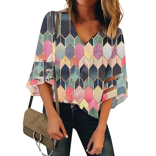 

Women's Blouse Shirt Green Blue Pink Leaves Print Long Sleeve Daily Weekend Casual V Neck Regular Floral S