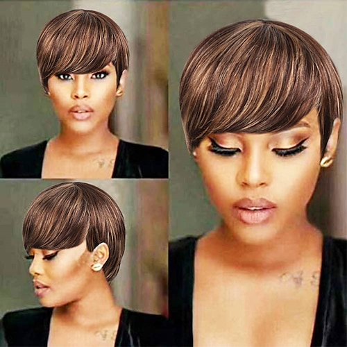 

Short Slight Layered Wavy Short Human Hair Wigs for Black Women Human Hair Pixie Cut Wigs for Black Women Brazilian Virgin Curly Human Hair Wigs with Bangs Natural Color