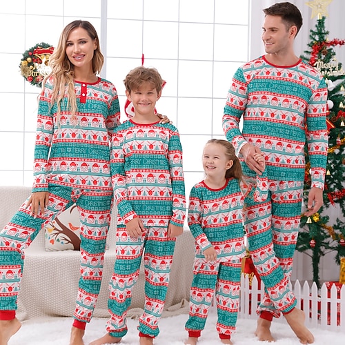 

Family Look Christmas Pajamas Graphic Daily Light Green Long Sleeve Daily Matching Outfits