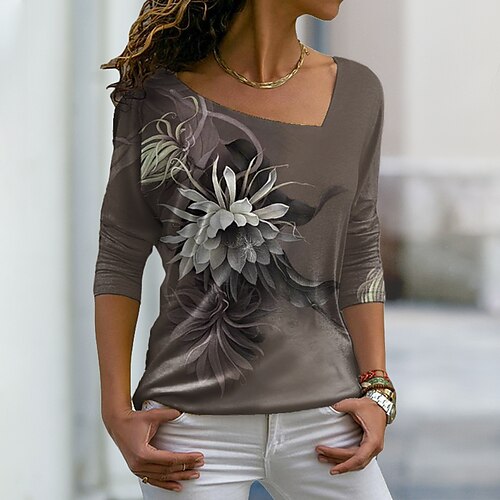 

Women's T shirt Tee Blue Purple Brown Floral Print Long Sleeve Casual Holiday Basic V Neck Regular Floral Painting S