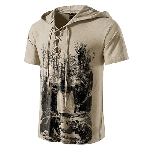 

Men's Unisex T shirt Tee 3D Print Graphic Prints Animal Hooded Street Daily Lace up Print Short Sleeve Tops Designer Basic Casual Big and Tall Khaki