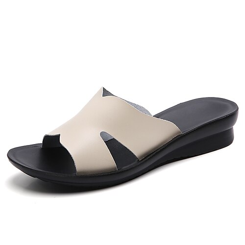 

Women's Slippers Work Daily Outdoor Slippers Summer Low Heel Round Toe Casual Sweet Walking Shoes PU Leather Loafer Black Beige White