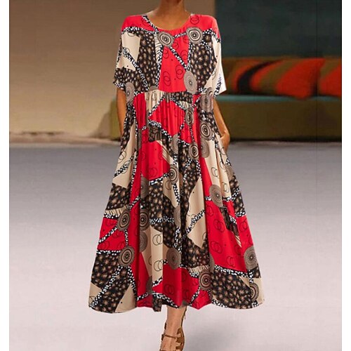 

Women's Swing Dress Maxi long Dress Green Red Half Sleeve Print Print Spring Summer Crew Neck Loose 2022 One-Size