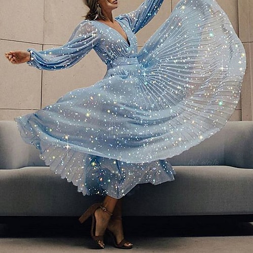 

Women's A Line Dress Maxi long Dress Blue Long Sleeve Pure Color Sequins Smocked Fall Winter Deep V Party Fashion 2022 S M L XL / Party Dress