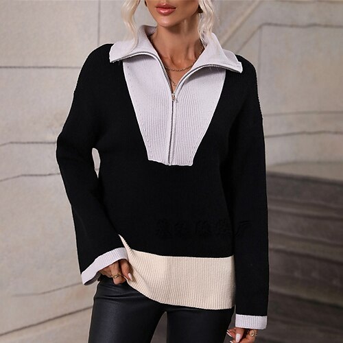 

Women's Pullover Jumper Crochet Knit Zipper Knitted Color Block Shirt Collar Stylish Casual Daily Date Fall Winter Green Black S M L / Long Sleeve