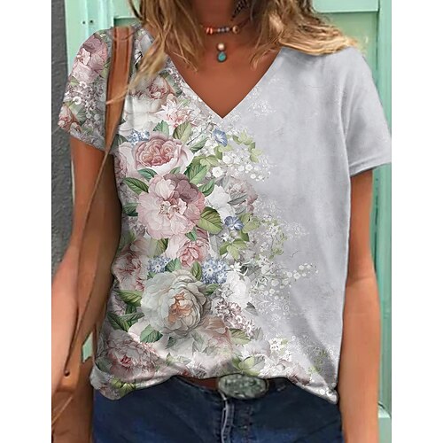 

Women's T shirt Tee Gray Floral Print Short Sleeve Casual Holiday Basic V Neck Regular Floral Painting S