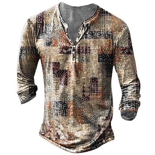 

Men's T shirt Tee Henley Shirt Tee Graphic Plaid Henley Khaki Long Sleeve 3D Print Plus Size Outdoor Daily Button-Down Print Tops Basic Designer Classic Comfortable / Sports