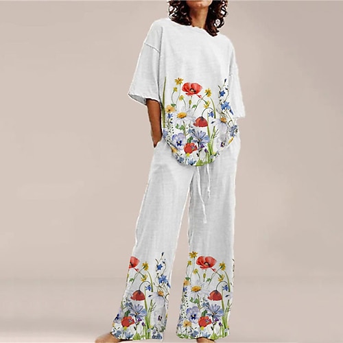 

Women's Pajamas Sets Nighty Pjs 2 Pieces Flower Comfort Soft Home Bed Cotton Spandex Jersey Crew Neck Short Sleeve T shirt Tee Pant Spring Summer White
