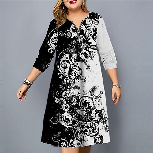

Women's Plus Size Work Dress Floral V Neck Print 3/4 Length Sleeve Fall Spring Stylish Work Elegant Knee Length Dress Vacation Going out Dress / 3D Print