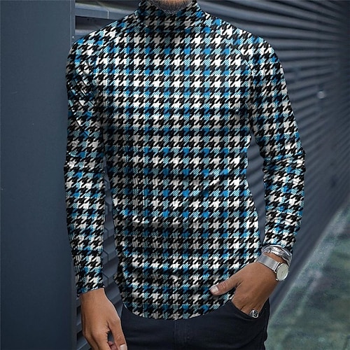 

Men's Unisex T shirt Tee Houndstooth Graphic Prints Turtleneck Blue Long Sleeve 3D Print Outdoor Street Print Tops Sports Casual Classic Big and Tall / Spring / Fall