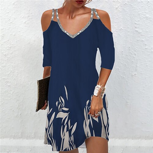 

Women's A Line Dress Casual Dress Short Mini Dress Navy Blue 3/4 Length Sleeve Floral Sequins Cold Shoulder Print Fall Winter Spaghetti Strap Casual Fashion 2022 S M L XL XXL 3XL