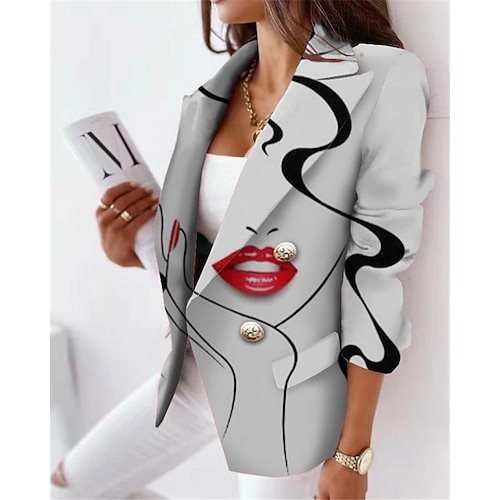 

Women's Blazer Breathable Office Work Daily Wear with Pockets Print Double Breasted Turndown OL Style Formal Modern Office / career Abstract Regular Fit Outerwear Long Sleeve Winter Fall Black Light