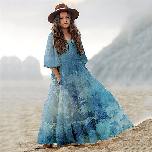 

Kids Little Girls' Dress Graphic A Line Dress Daily Holiday Vacation Ruffle Blue Maxi 3/4 Length Sleeve Casual Cute Sweet Dresses Fall Winter Regular Fit 3-10 Years