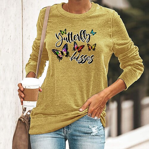 

Women's Basic Print Butterfly Letter Basic Round Neck Regular Spring & Fall Blue Yellow Dark Green Dark Blue Black
