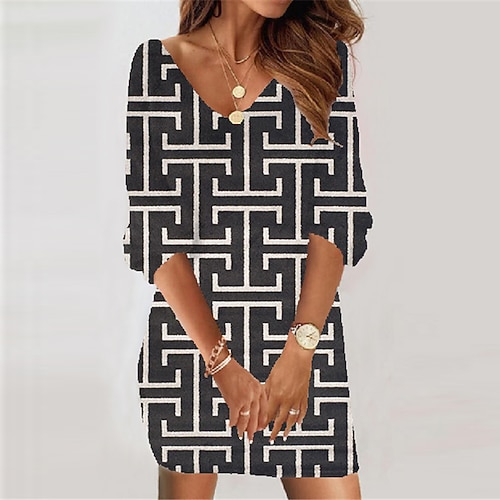 

Women's Casual Dress Bodycon Short Mini Dress White Black Yellow 3/4 Length Sleeve Geometric Print Fall Winter V Neck Casual Vacation Loose 2022 S M L XL XXL 3XL